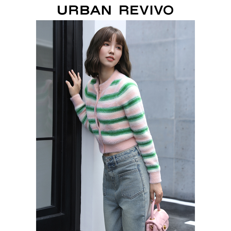 【HOT】UR甜美条纹针织开衫撞色减龄上衣长袖短款毛衫UWV930021