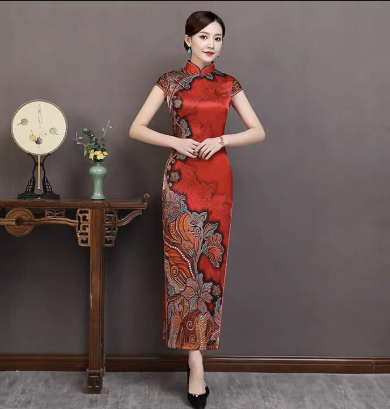 诺衣【定位红】桑蚕丝长款旗袍