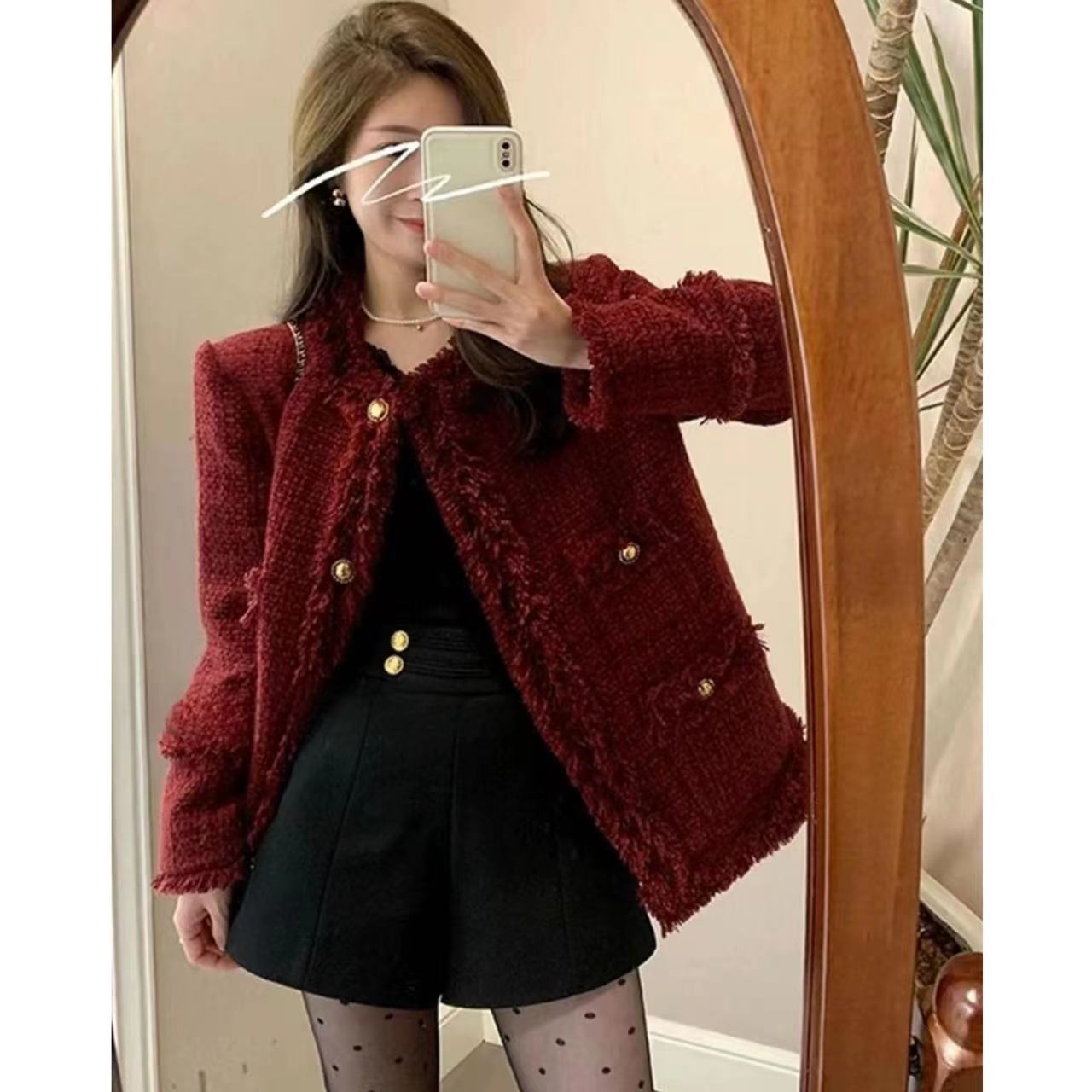 2024秋冬酒红色喜庆小香风外套保暖气质小个子短外套女装