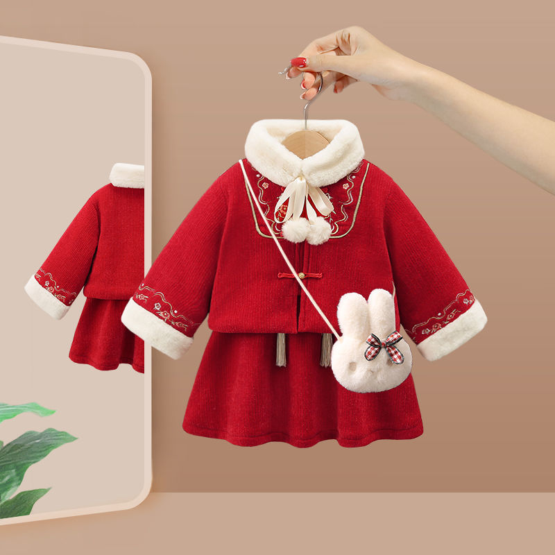 女童冬季汉服新年套装加绒加厚儿童新款拜年中国宝宝唐装周岁礼服
