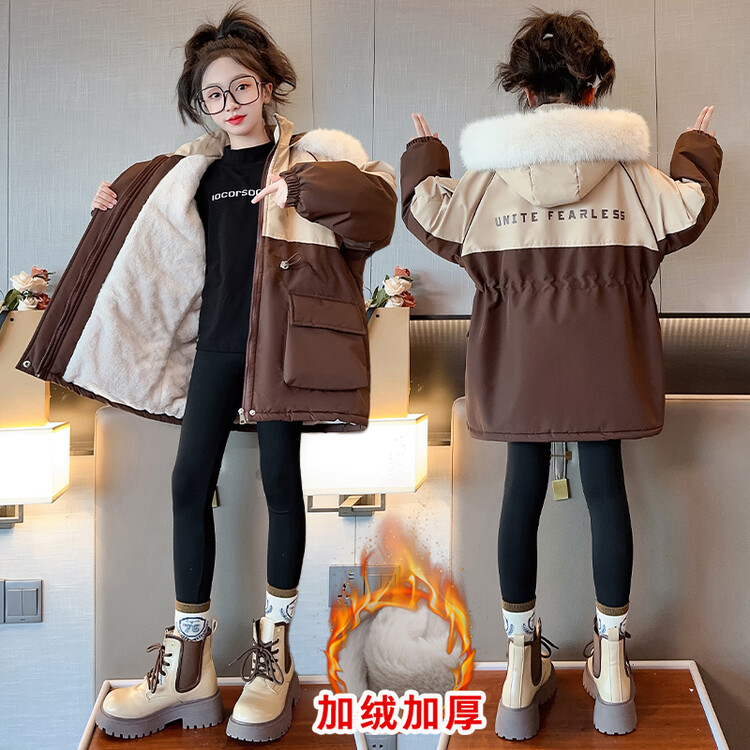 女童冬装派克服2023新款儿童加绒加厚棉衣外套中大童收腰毛领棉袄