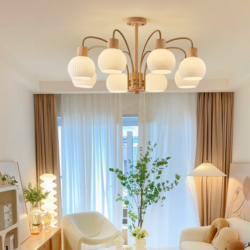 原木奶油风客厅吊灯玻璃实木灯具北欧简约卧室吊灯日式房间民宿