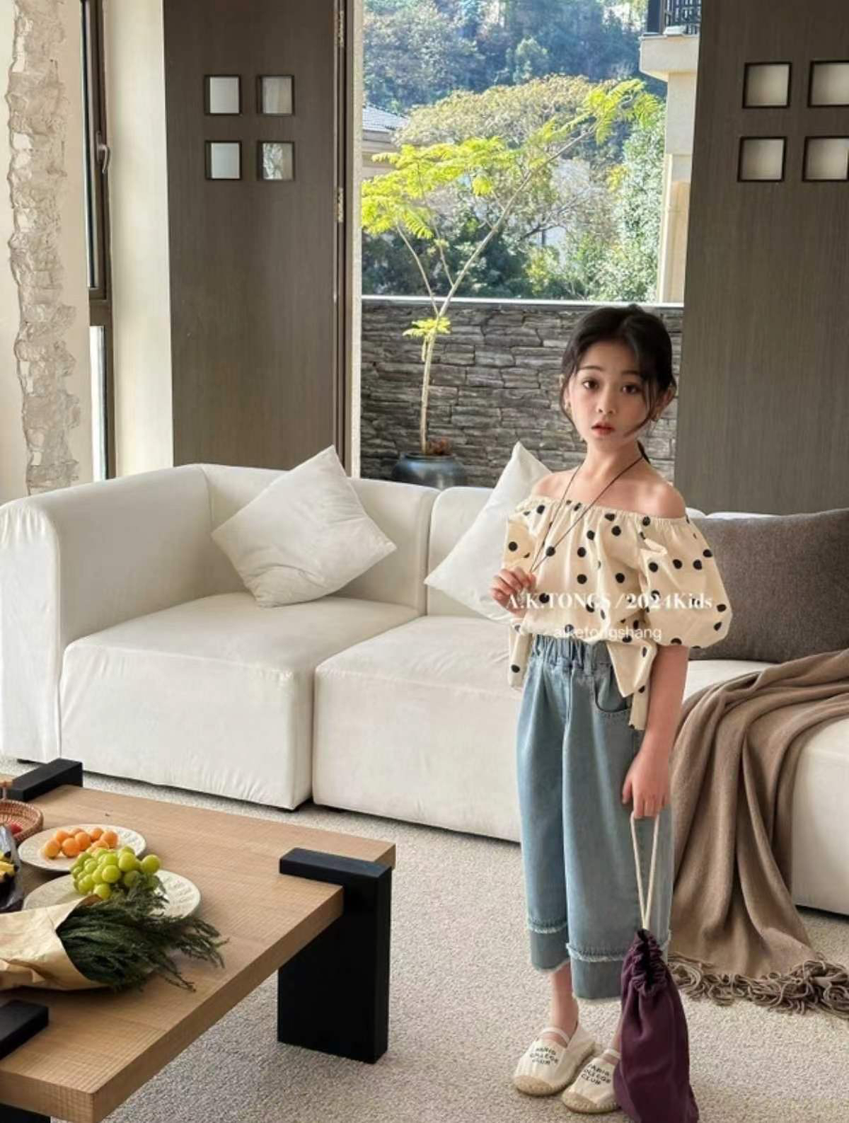 2024新款夏装女童洋气娃娃衫休闲衬衫牛仔半身裙时尚韩版阔腿套装