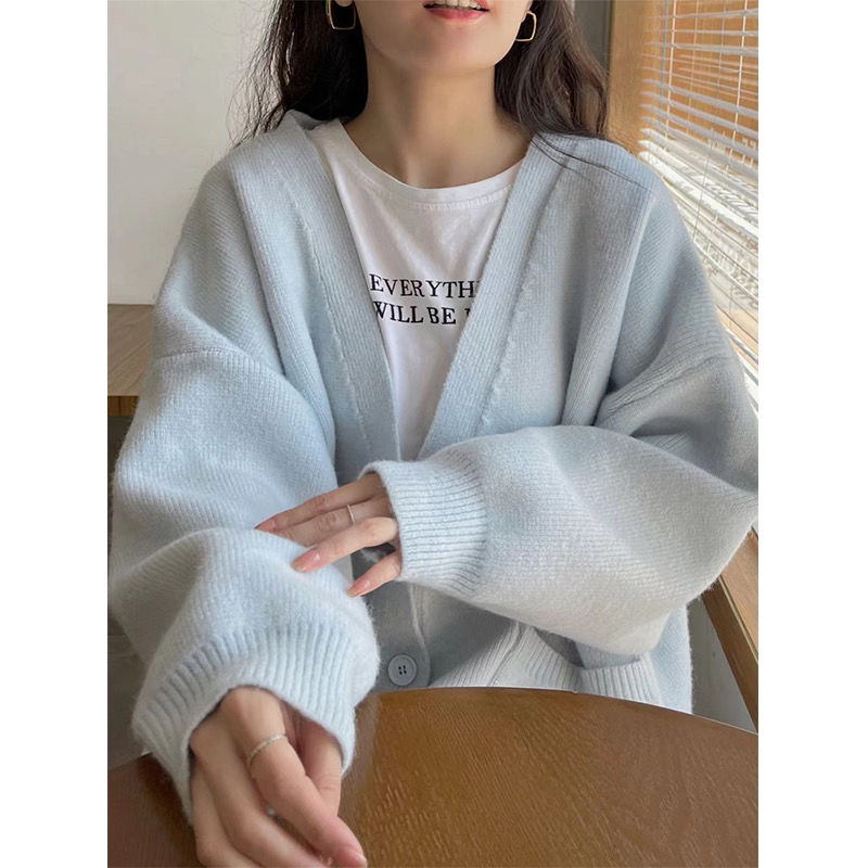 【宝藏衣橱】蓝色奶系秋冬毛衣开衫女新款慵懒风宽松领温柔