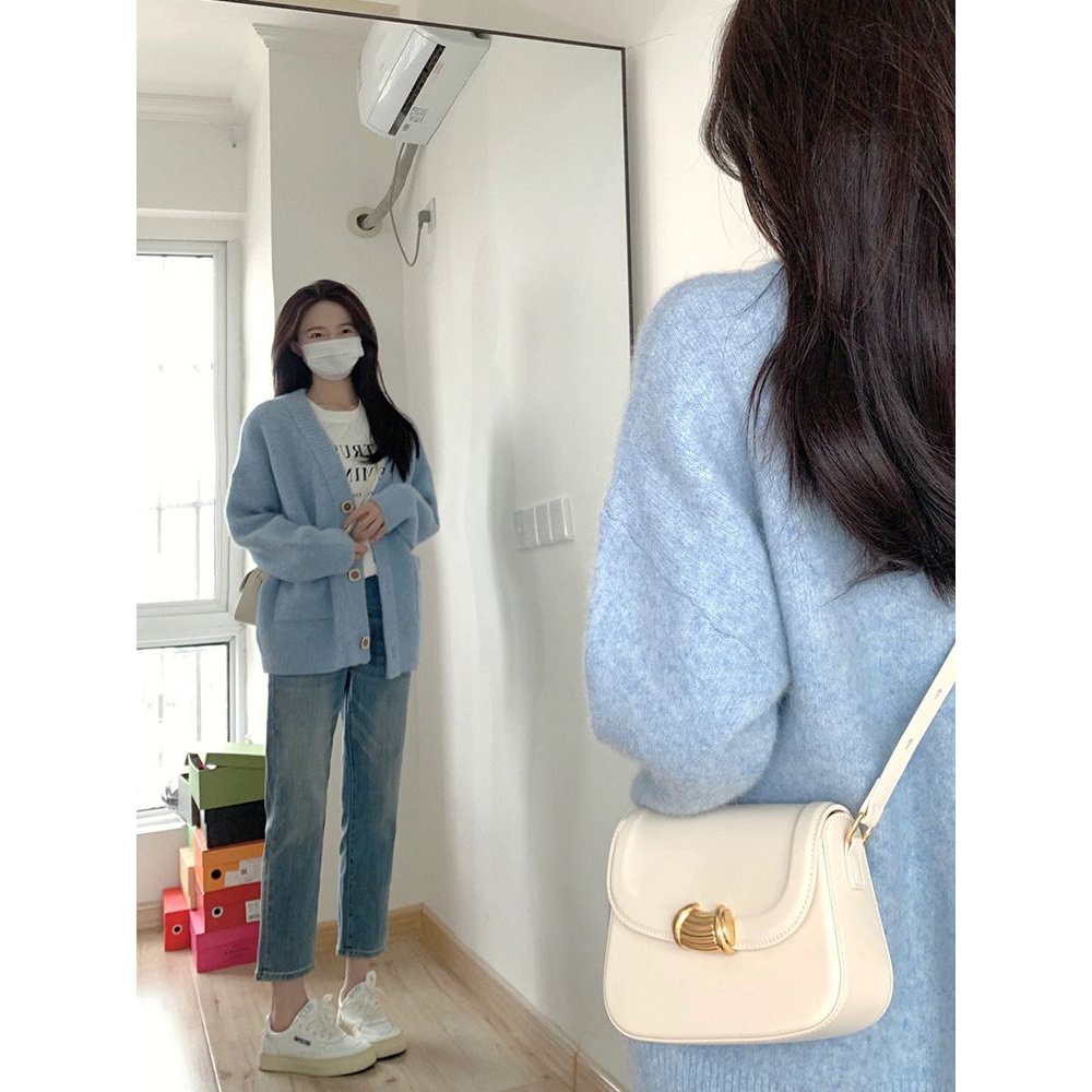 蓝色针织开衫女秋冬外穿软糯温柔奶fufu的毛衣外套宽松慵懒风上衣