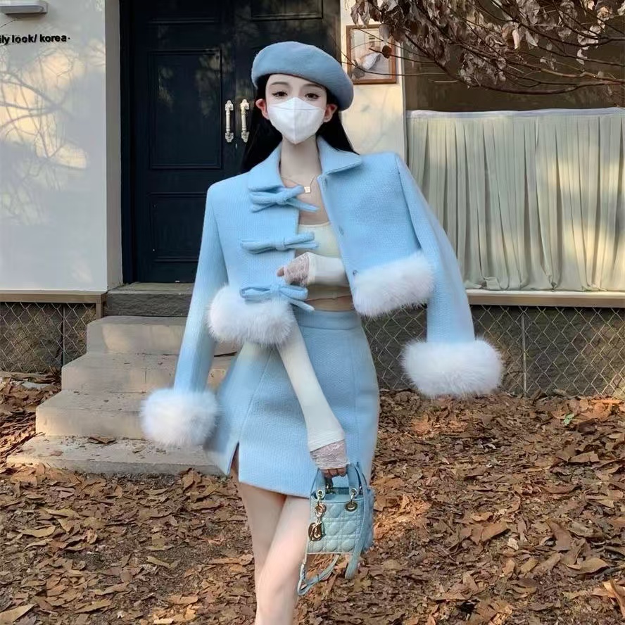 小香风套装显瘦气质网红蓝色短款时尚秋冬冬季