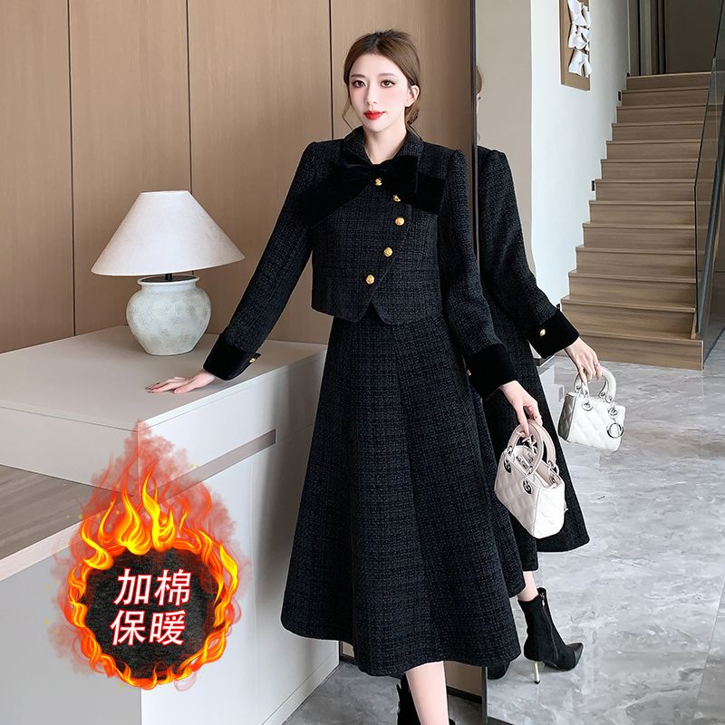 啄木鸟小香风套装秋冬新款加厚加棉高级显瘦女外套名媛半身裙气质