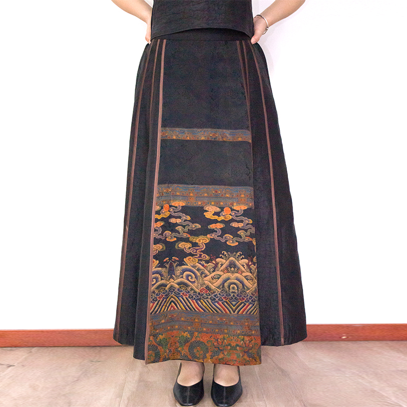 桑蚕丝香云纱时尚长款改良马面裙 松紧腰半身裙 a字中式风半裙