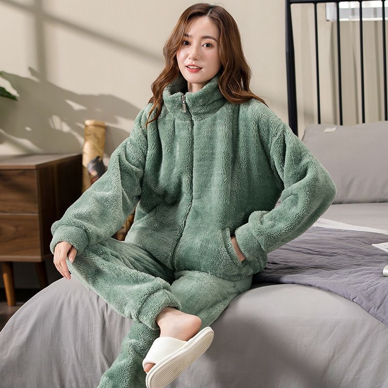 冬季加绒加厚珊瑚绒睡衣女保暖休闲拉链款法兰绒可外穿家居服套装