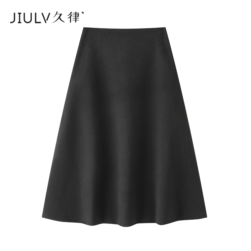 双面呢半身裙女秋冬新款高腰高端澳毛黑色大码毛呢A字中长裙显瘦