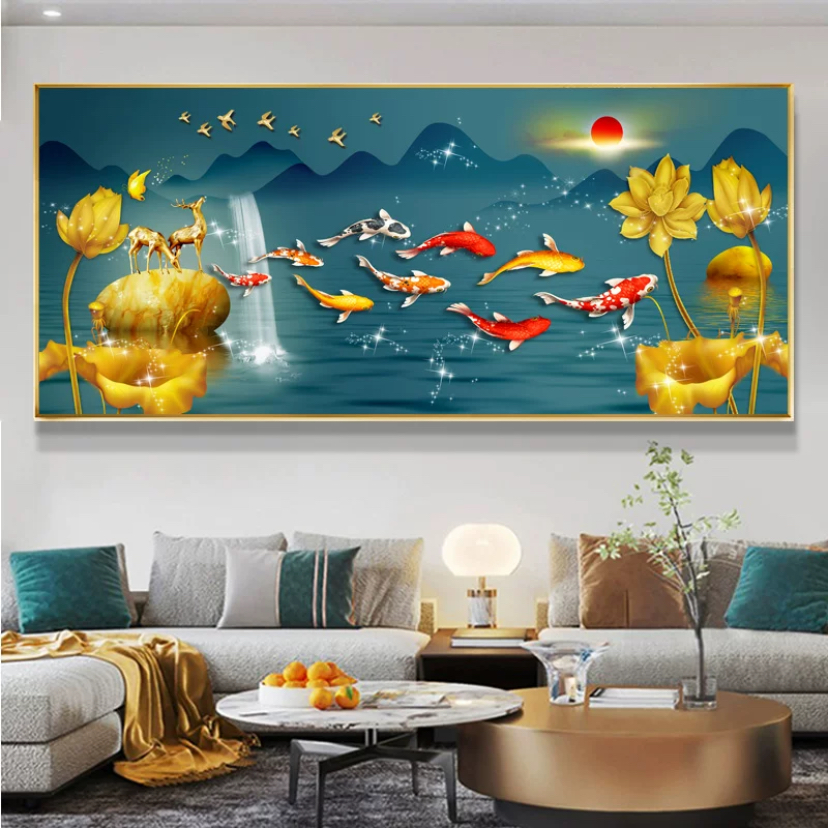 新中式装饰画高级感客厅沙发背景墙九鱼图轻奢寓意好晶瓷挂画