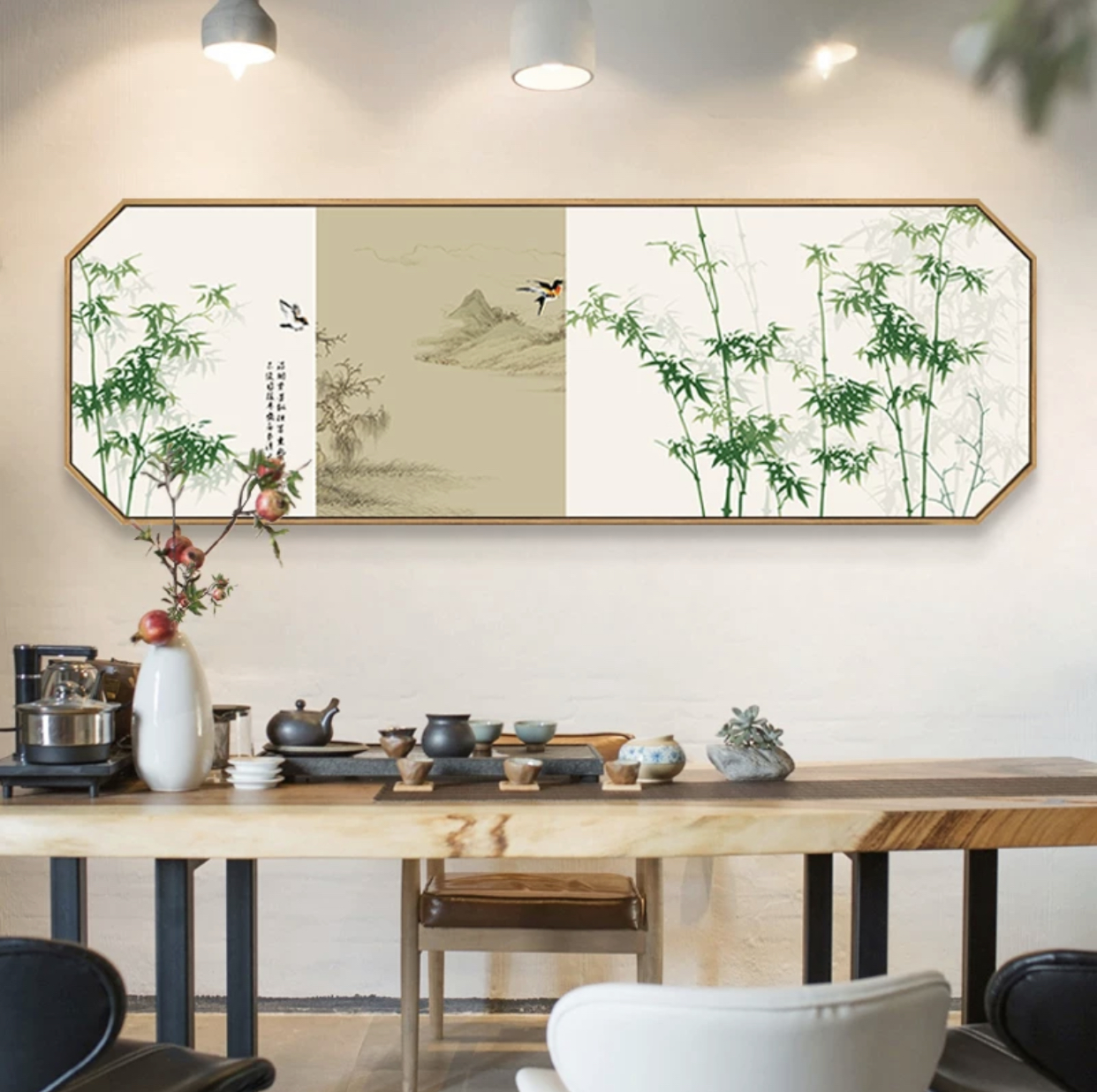 新中式茶室装饰画横幅客厅沙发背景墙面挂画主卧床头花鸟禅意挂画