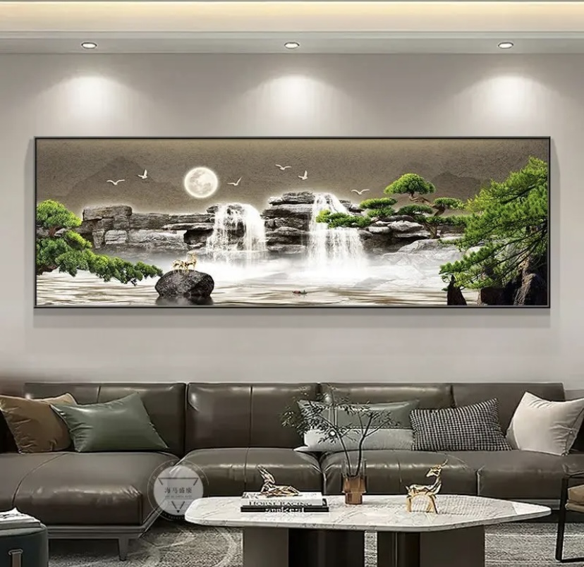 背有靠山轻奢客厅沙发装饰画新中式山水挂画茶室办公室灯光画