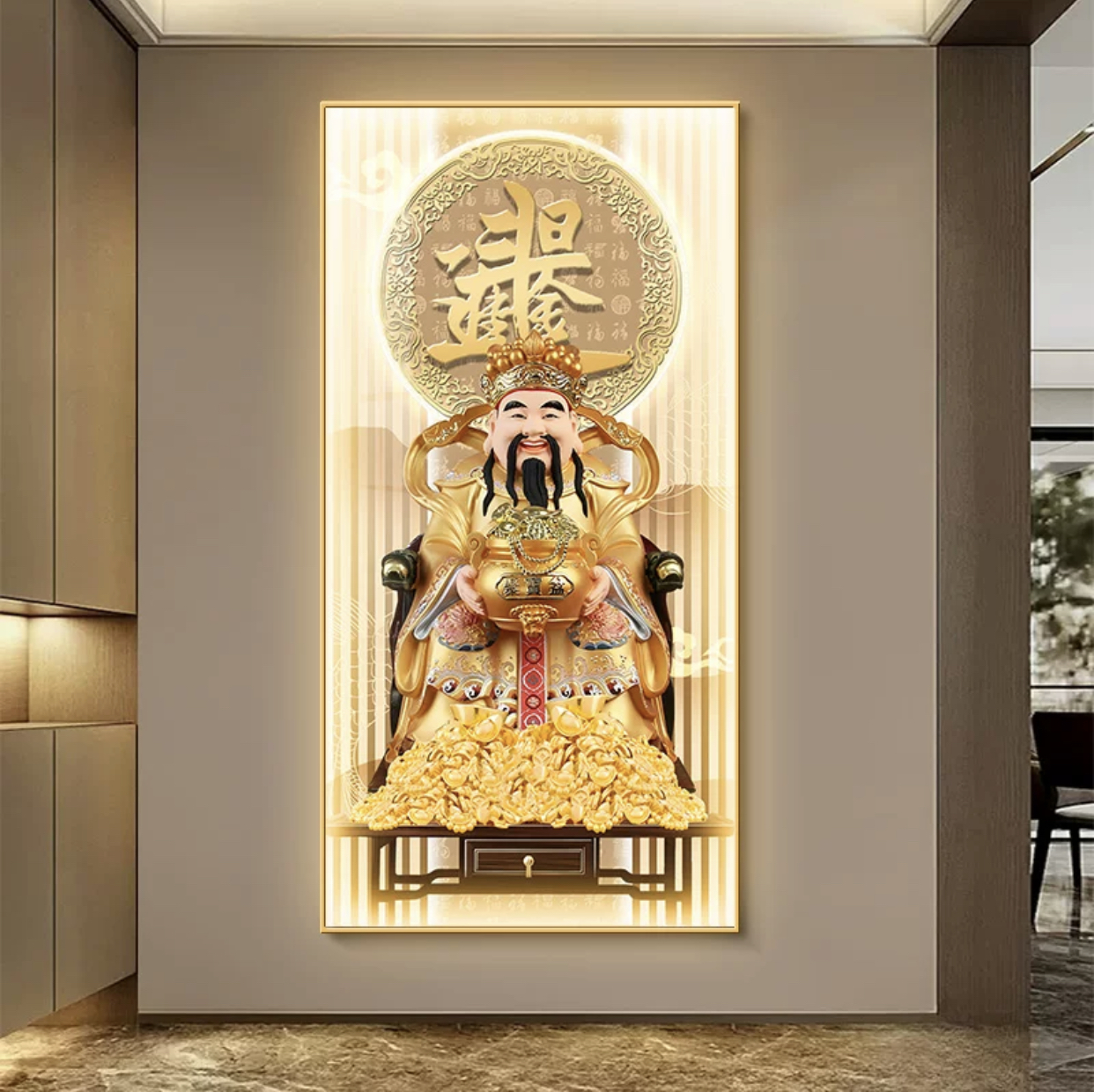 财神大气玄关装饰画招财进宝走廊过道背景墙壁画新中式正对门挂画