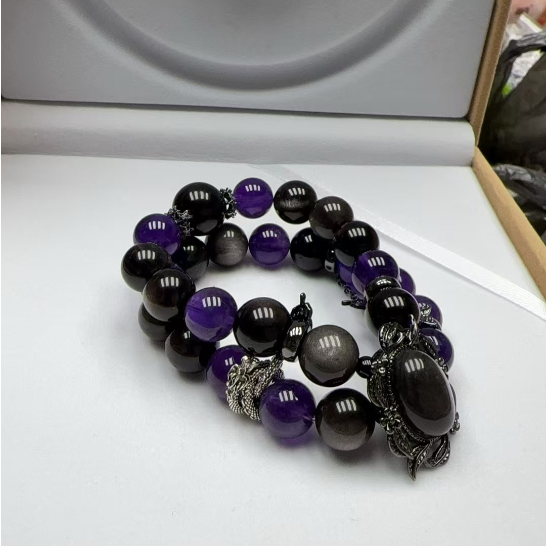 明兰DIY 原创设计（紫气东来）紫水晶搭配黑曜石双圈手串