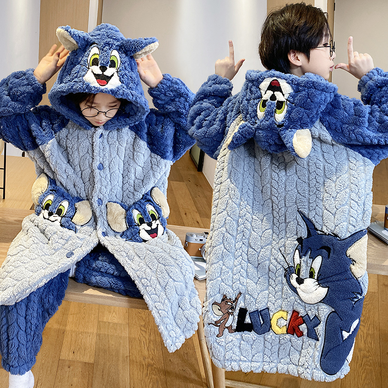 儿童睡袍男孩珊瑚绒冬季卡通男宝睡衣加绒加厚款保暖套装男童浴袍