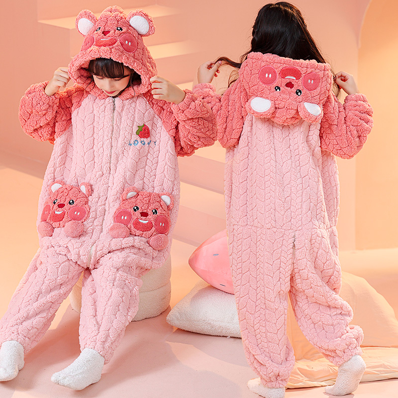 儿童连体睡衣女童法兰绒秋冬季小女孩家居服加厚珊瑚绒防踢被睡袋