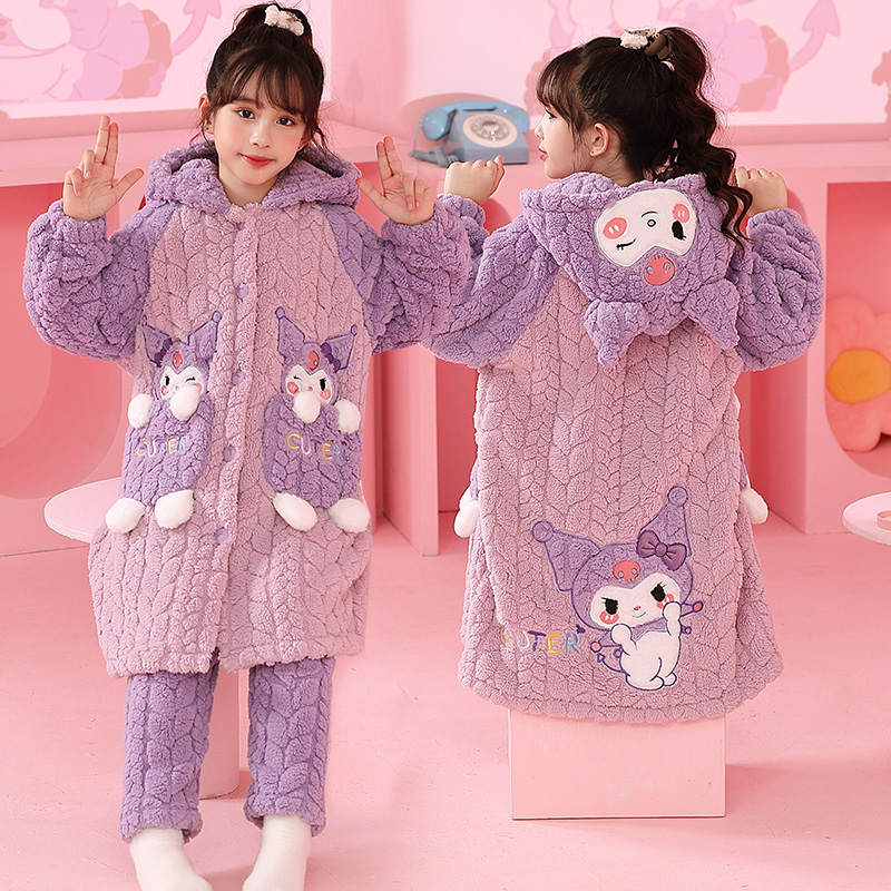 女童睡衣冬款加厚珊瑚绒冬季儿童睡袍法兰绒女孩库洛米长款家居服