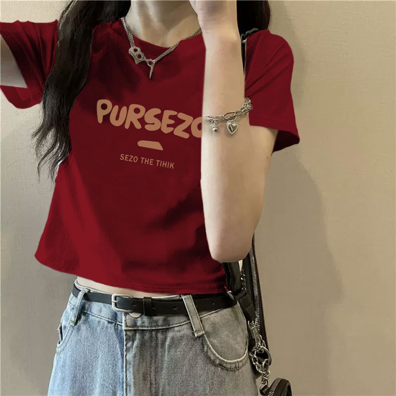 酒红色甜辣短款纯棉短袖t恤女夏季韩版修身显瘦百搭圆领潮流小衫