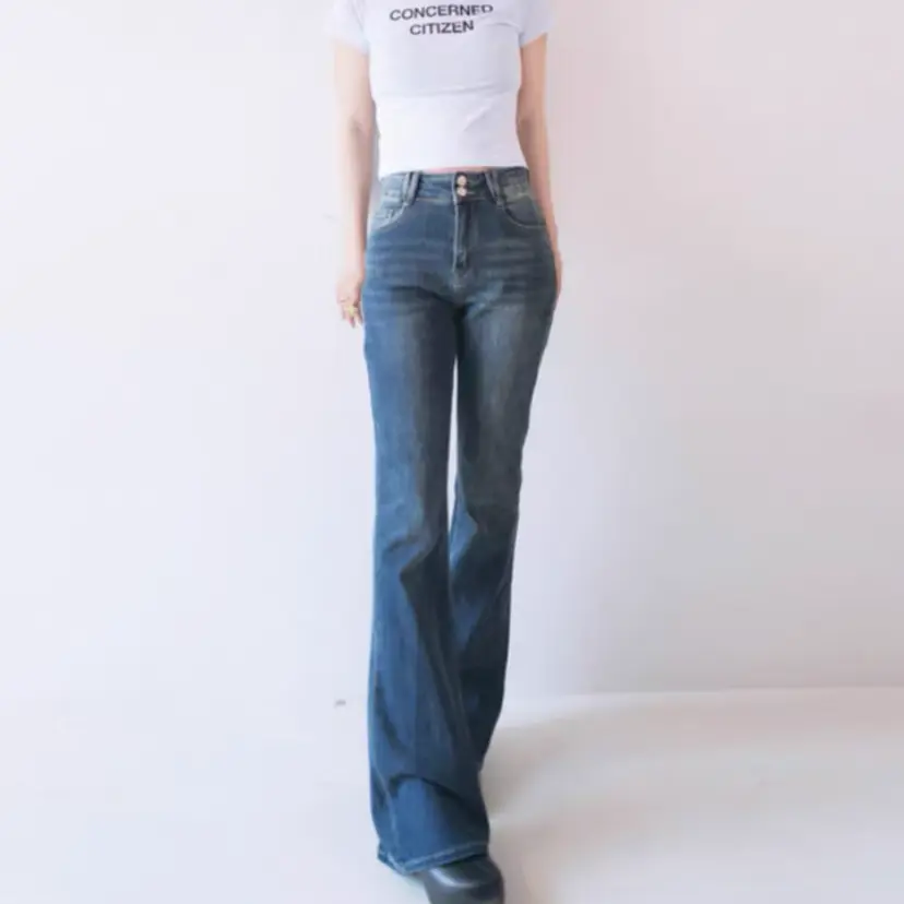 高个子175加长版水泥灰高腰2025春季弹力微喇裤牛仔女裤复古修身