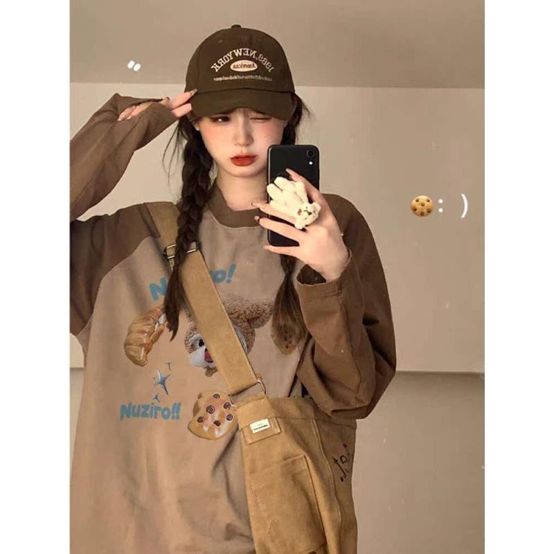 美拉德穿搭纯棉长袖T恤女咖啡拼卡其大码胖MM宽松美式秋冬季新款