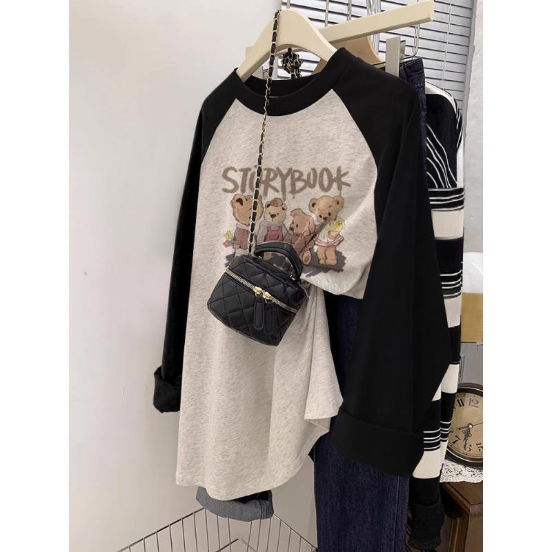 美式复古小熊纯棉大码长袖T恤女拼色胖MM打底衫薄款插肩袖上衣ins