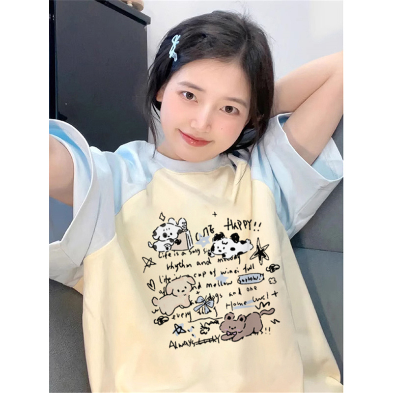 纯棉大码插肩袖T恤女拼色胖MM宽松卡通小狗复古慵懒风ins美式上衣