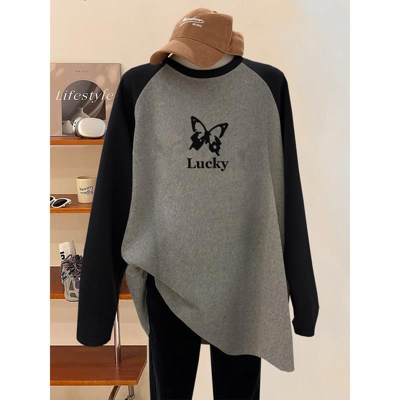 美式复古Lucky蝴蝶潮牌磨毛保暖大码拼色长袖T恤女秋冬季圆领上衣