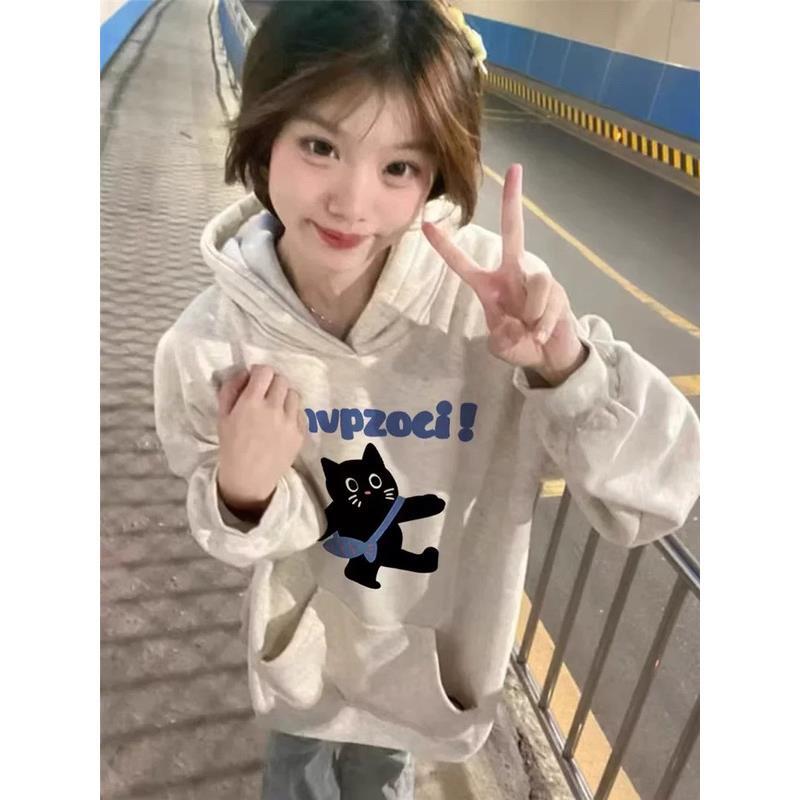 港味ins秋冬复古潮牌黑猫咪连帽卫衣女纯棉宽松大码胖MM正肩外套