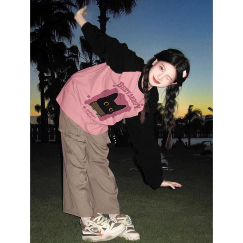 拼色插肩大码长袖T恤女卡通复古可爱粉色胖MM纯棉早秋2024年薄款