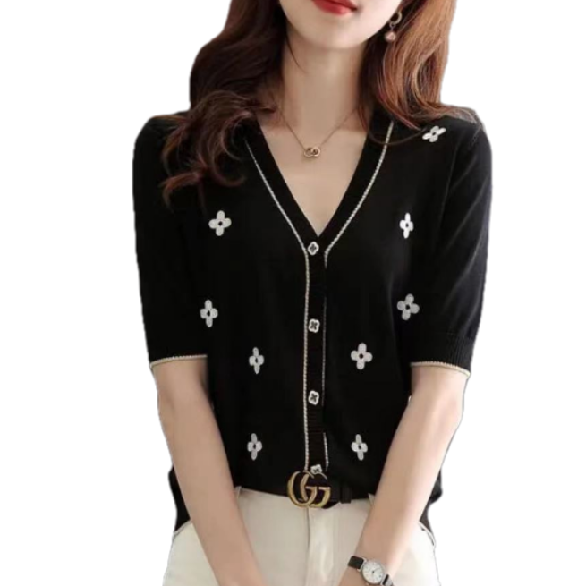 【轻奢山茶花开衫】22073-新中式设计感山茶花刺绣中袖洋气款开衫