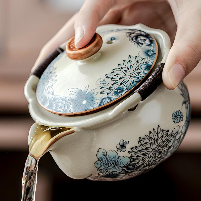 功夫盖碗泡茶碗大容量高档大号防烫家用青花汝窑手抓壶手抓壶汝窑