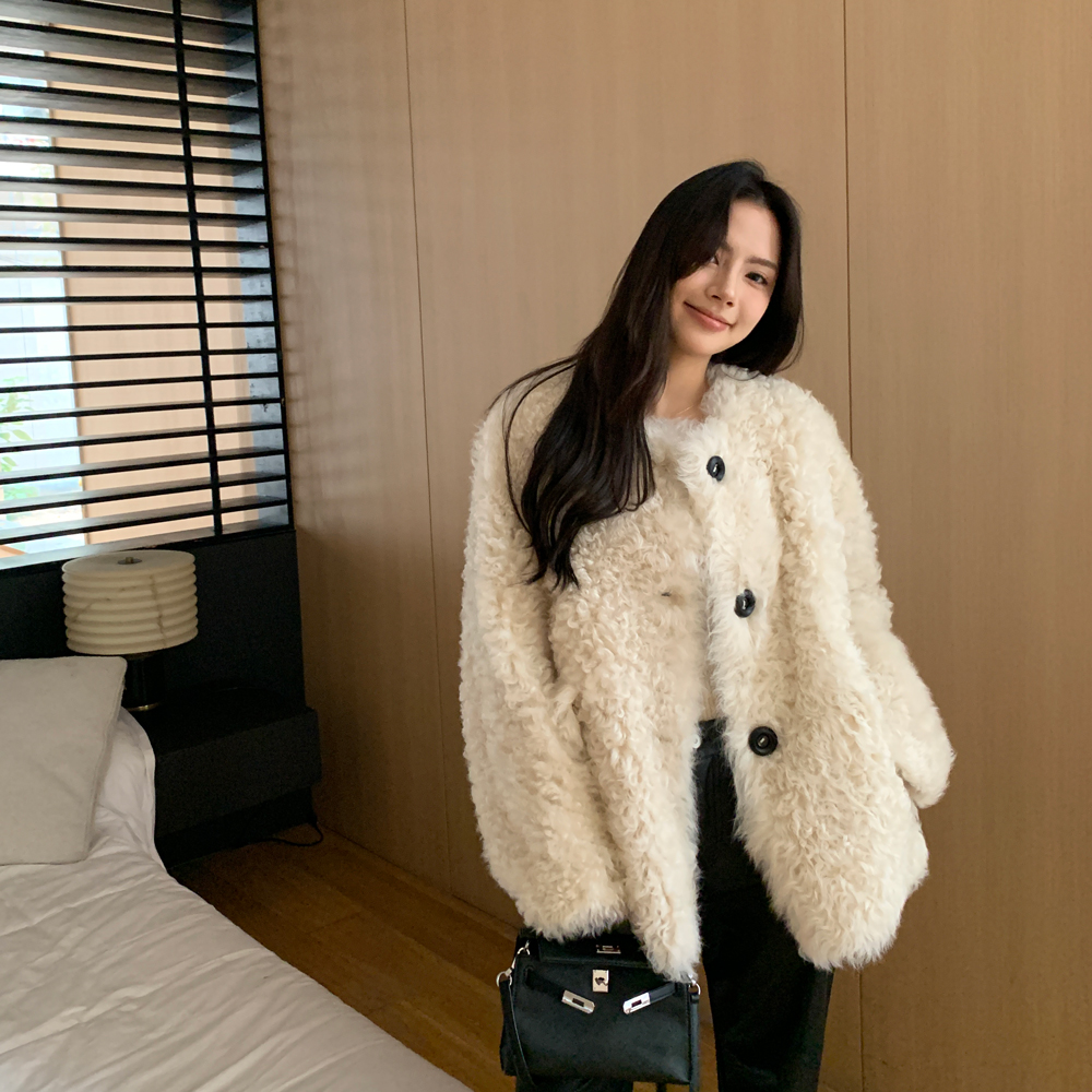 托斯卡纳卷毛半卷羊皮毛一体外套女冬款圆领新款皮草大衣冬款5067