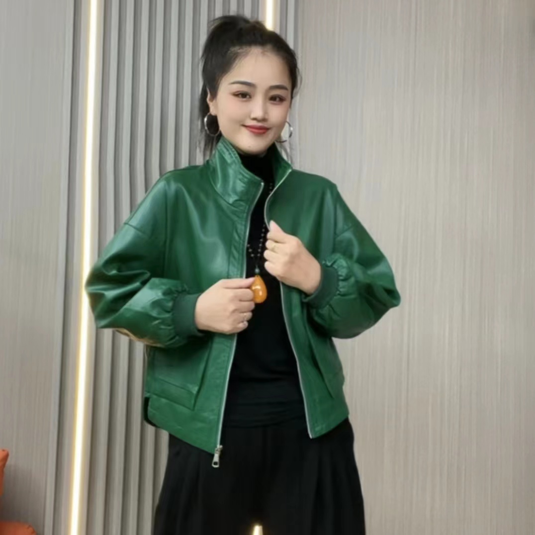 喜沐2023秋季新款气质时尚大口袋女士立领皮衣休闲百搭宽松显瘦