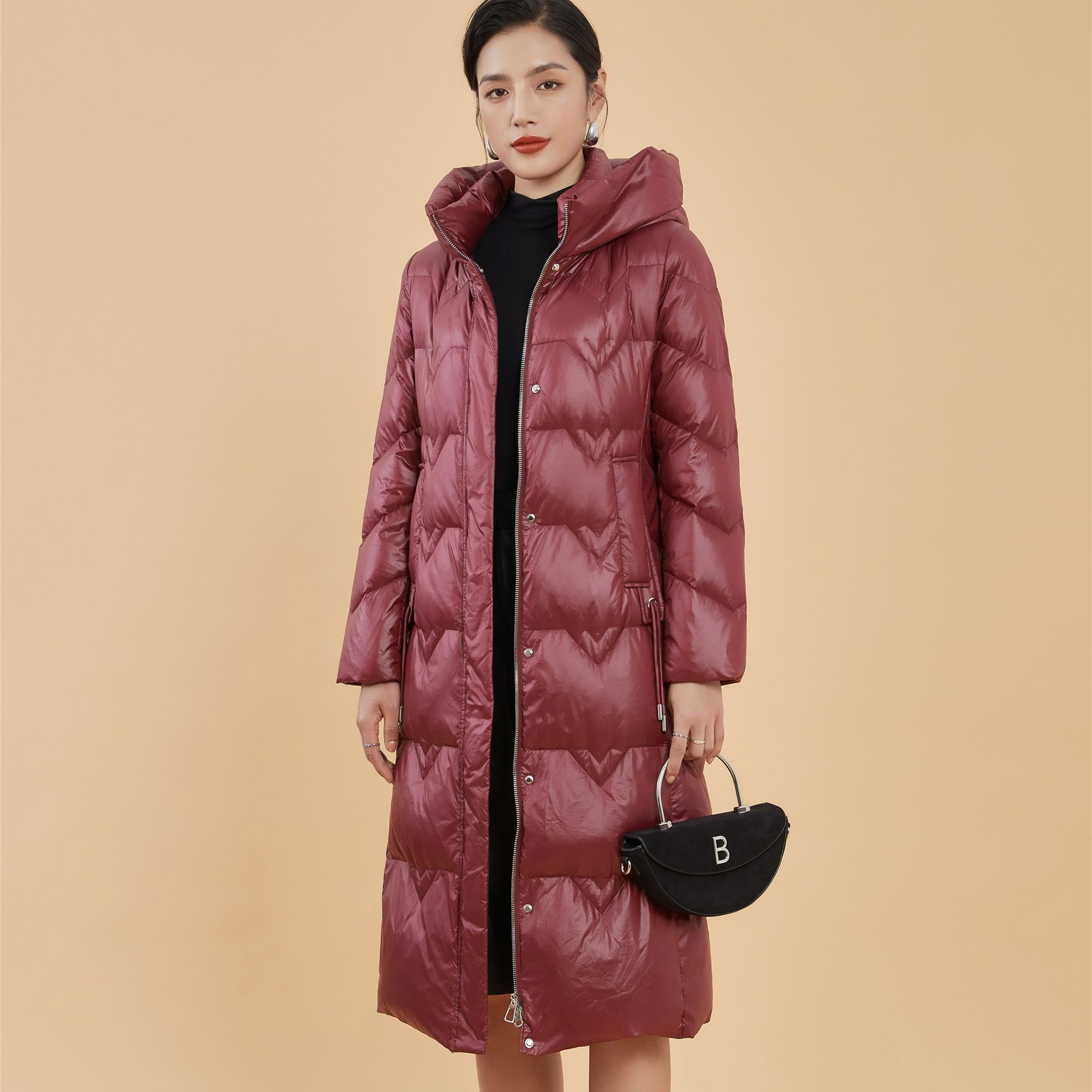 F28032长款气帽休闲连帽白鸭绒羽绒服女冬季时尚加厚保暖中长款