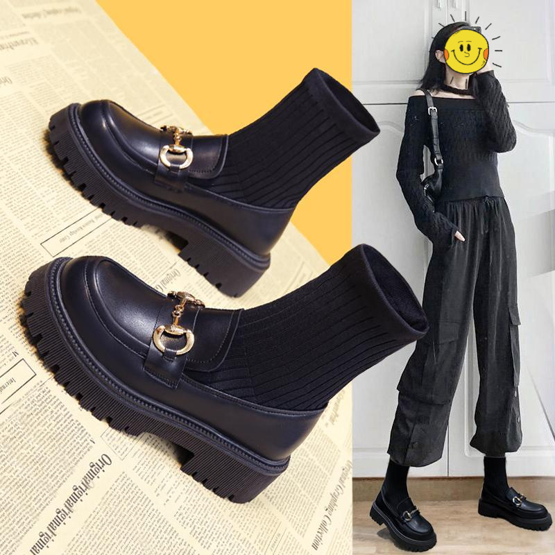 红蜻蜓牌网红连袜马丁靴女2023年英伦风厚底弹力袜靴瘦瘦短靴秋冬