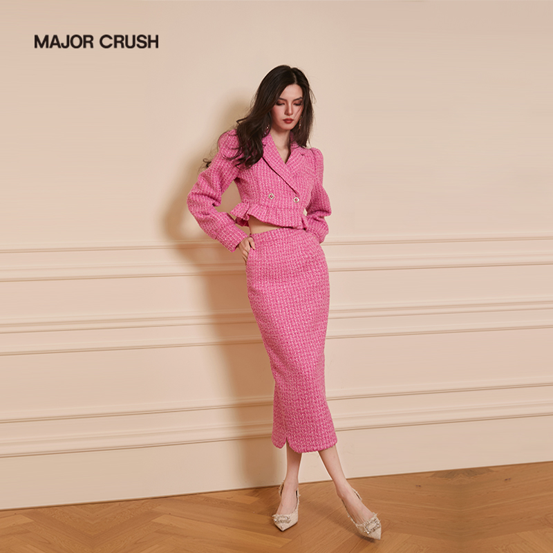 MAJOR CRUSH新款法式小香风粉色套裙设计师时尚荷叶边千金风55589