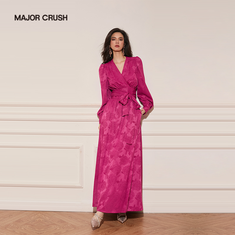 MAJOR CRUSH裙子冬款复古克莱尔玫瑰粉气质优雅收腰裹裙6436