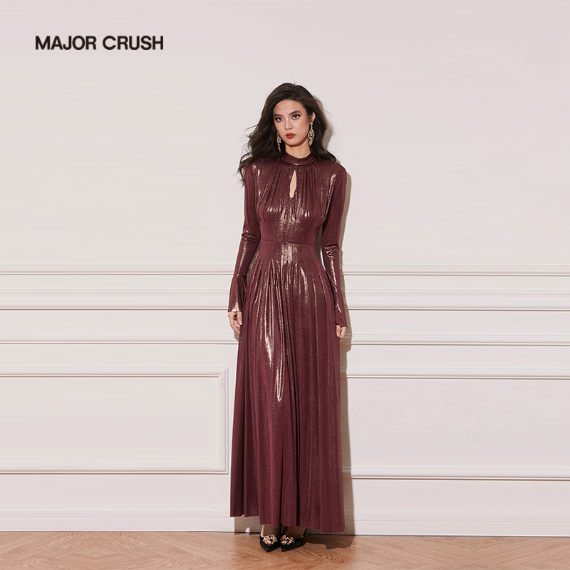 MAJOR CRUSH新款优雅茶歇色连衣裙针织长裙收腰斜裁连衣裙6421