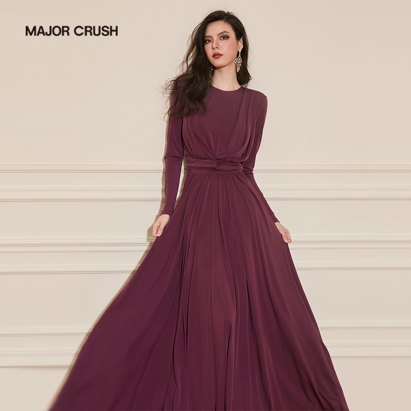 MAJOR CRUSH新款斜裁勃艮第葡萄酒色连衣裙温婉收腰显瘦轻奢6645
