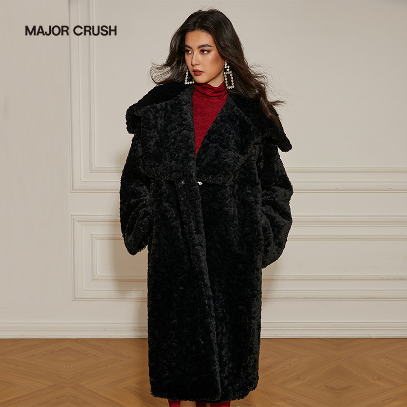 MAJOR CRUSH新款黑色风衣设计款大衣保暖中长款女士外套4512