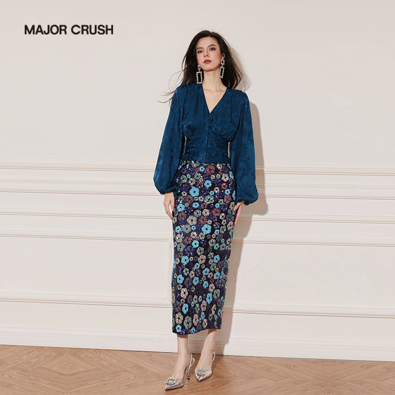 MAJOR CRUSH新款卡布里蓝上衣蓝墨星尘半裙套装气质优雅64059