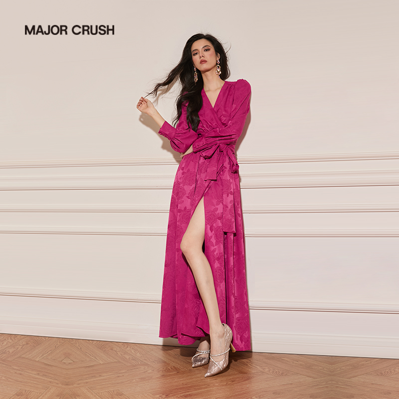MAJOR CRUSH裙子冬款复古克莱尔玫瑰粉气质优雅收腰裹裙6436
