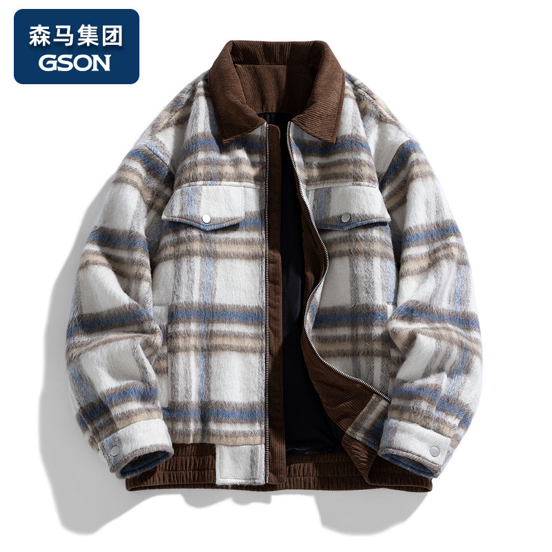 集团品牌GSON复古格子毛呢外套男2025新款潮牌宽松休闲棒球服夹克