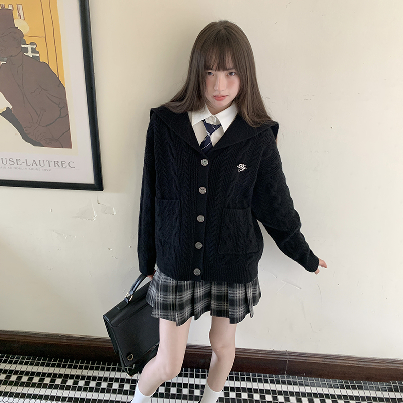 黑色海军领制服宽松毛衣外套女学院风慵懒风针织开衫东京岁时记JK