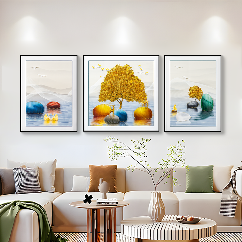 石来运转三联画手工立体实物客厅沙发背景挂画黄金树80200