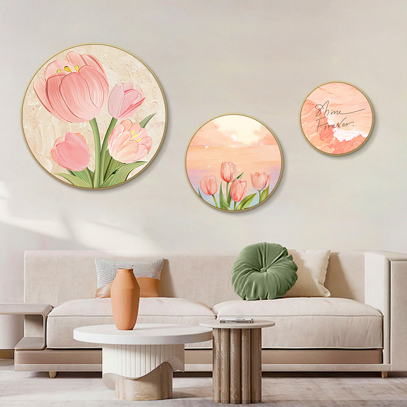 风客厅装饰画郁金香圆形沙发背景墙挂画挂画郁金香三联6060