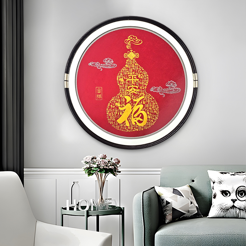 中式玄关实物立体装饰画 实木钢化玻璃圆形刺绣百福挂画 福31