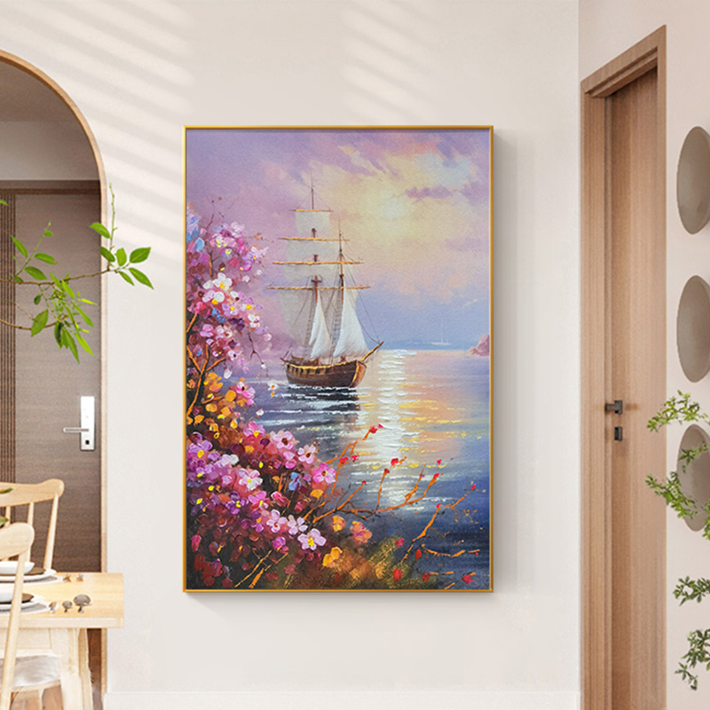 砂岩厚油肌理画一帆风顺挂画 现代美式玄关海上帆船装饰画船80120
