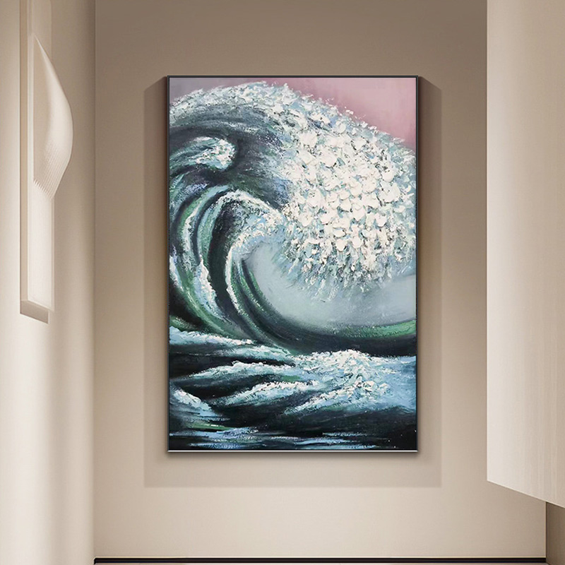 厚油肌理油画 立体实物 玄关装饰画客厅沙发落地挂画海浪100150